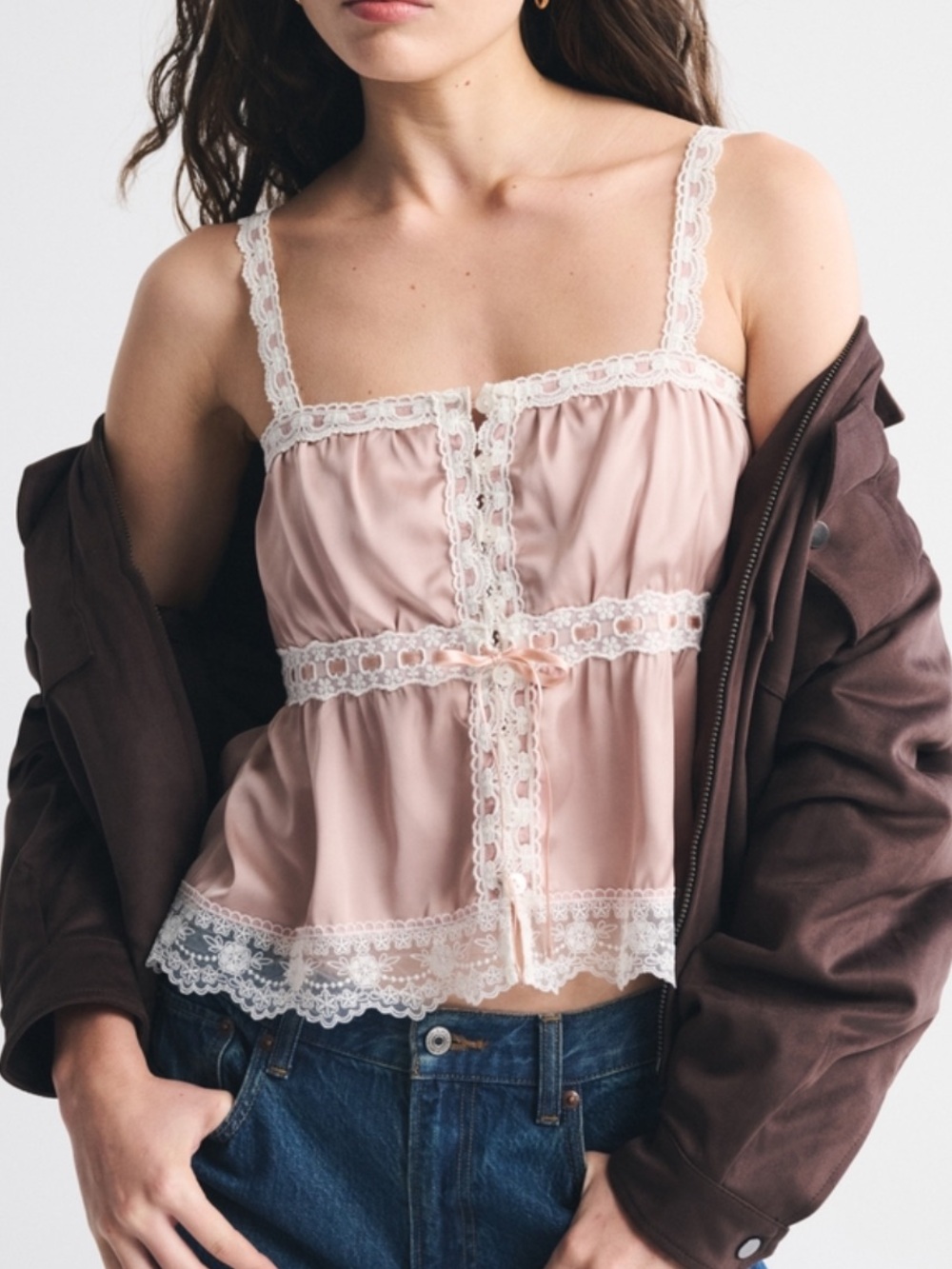 Vintage Inspired Lace-Trim Pink Satin Camisole Top